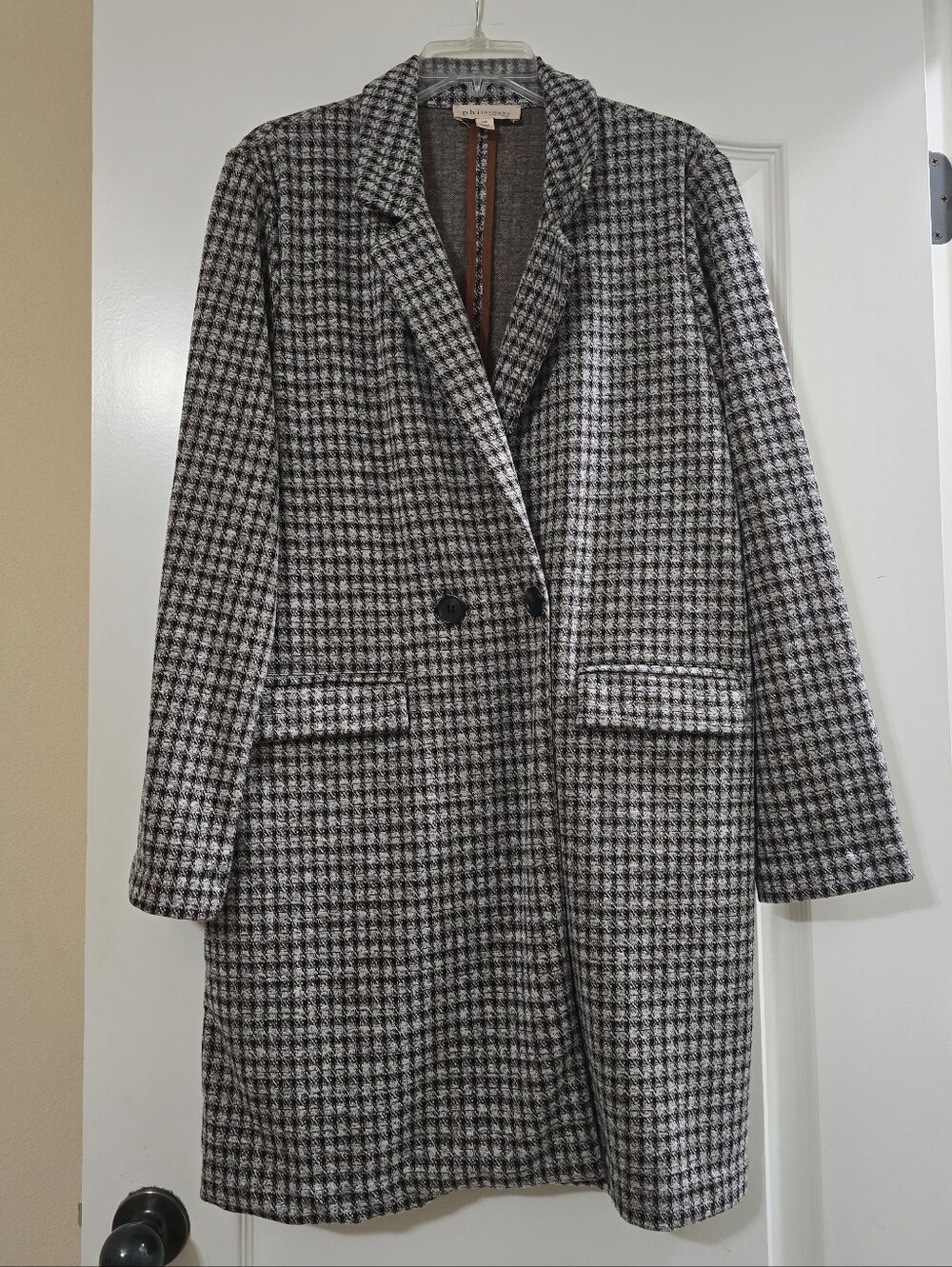 Philosophy Republic Black & White Houndstooth Wool-Blend Trench Coat